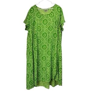Flax Size 2G 100% Linen Stretched Top Midi Dress Green Mod Print Asymmetrical